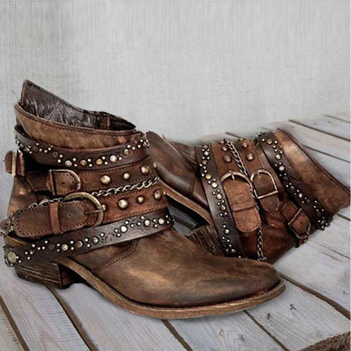 Retro Buckle Strap Ankle Boots Women’s Motorcycle Boots Low Block Heel Booties