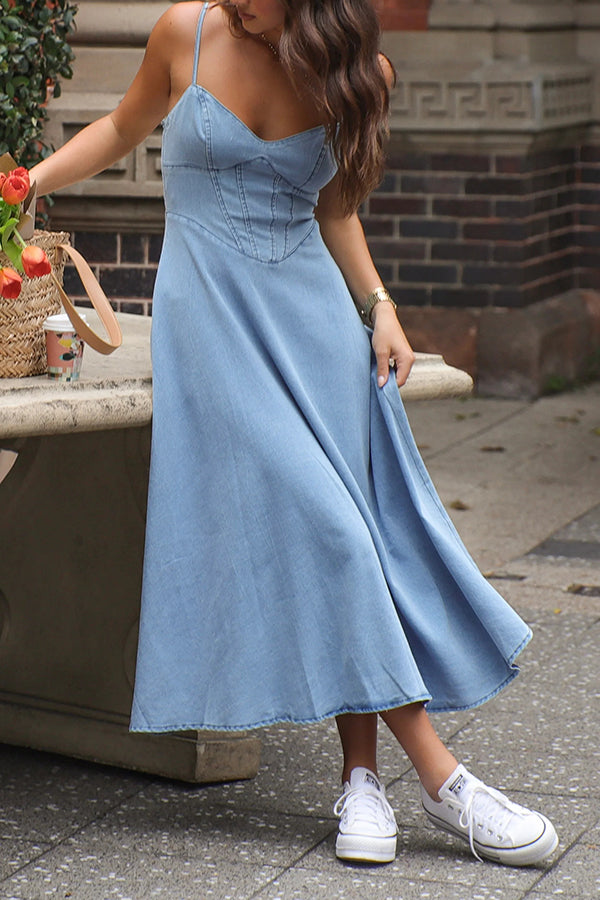 Sleeveless Suspender Pleated Back Faux Denim Midi Dress