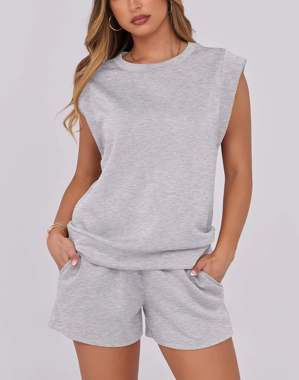 Women's Cap Sleeve Top And Drawstring Shorts 2 Piece Set