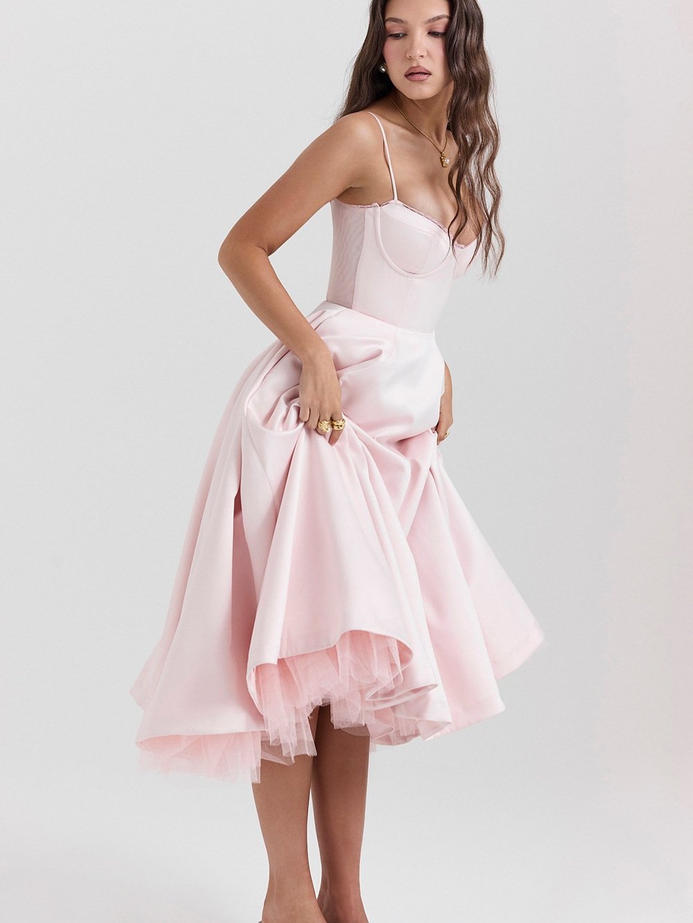 Satin Tulle Midi Dress