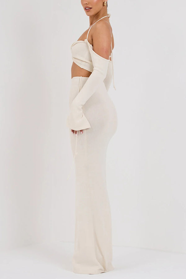 Long Sleeve Top and Back Slit Knitted Cover-up Maxi Skirt Set