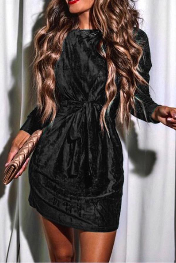 Tie Waist Velvet Round Neck Long Sleeve Mini Dress