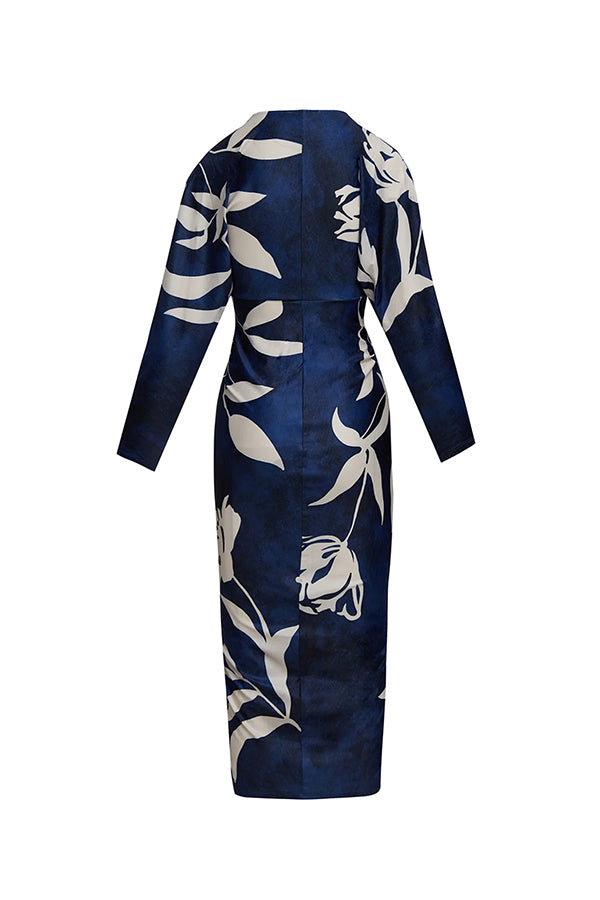 Caliana Unique Print Dolman Long Sleeve Ruched Slit Midi Dress