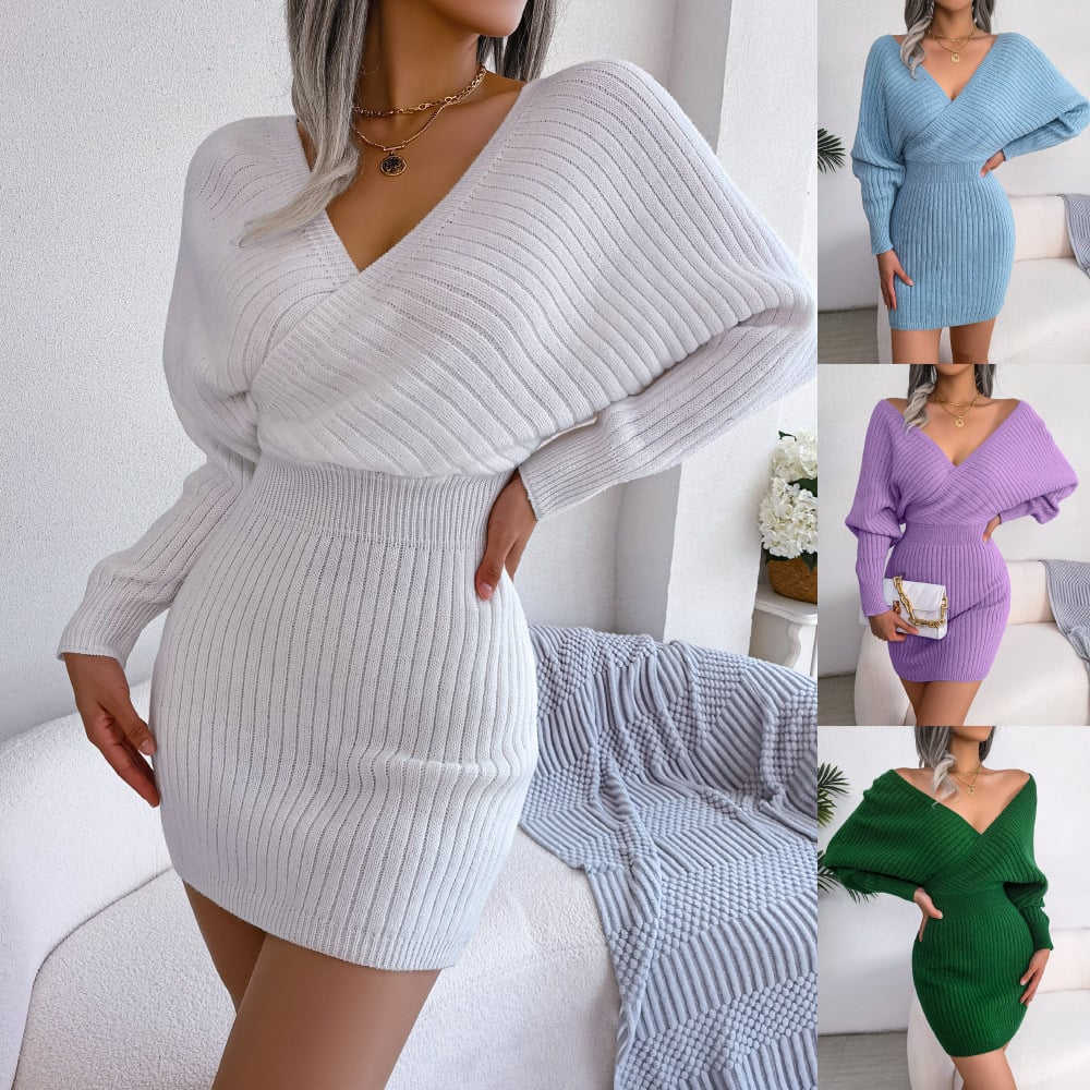 Women's Bodycon Knit Sweater Dress Sexy Wrap V Neck Bag Hip Dress