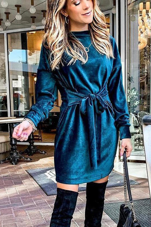 Tie Waist Velvet Round Neck Long Sleeve Mini Dress