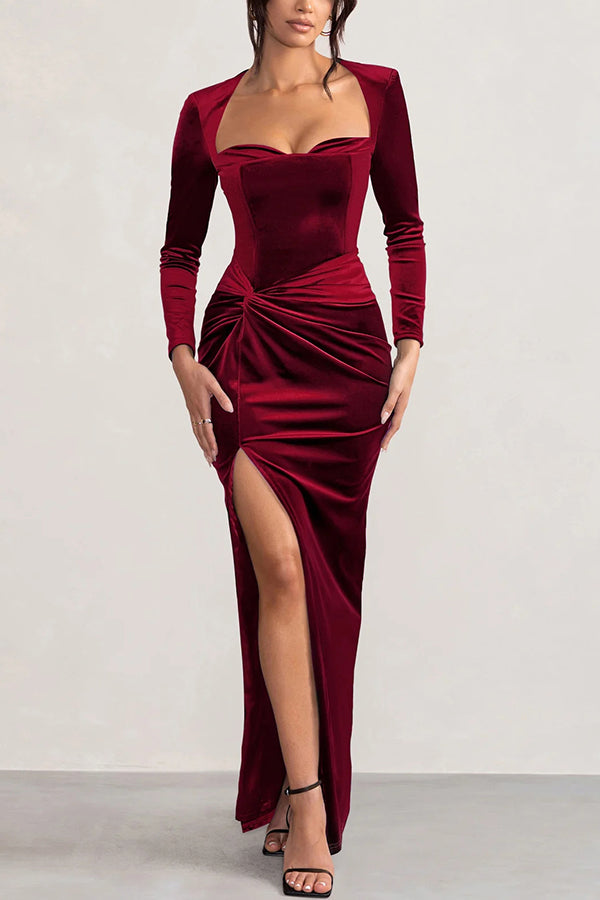 Velvet Plunge Neck Long Sleeve Twisted Slit Stretch Maxi Dress