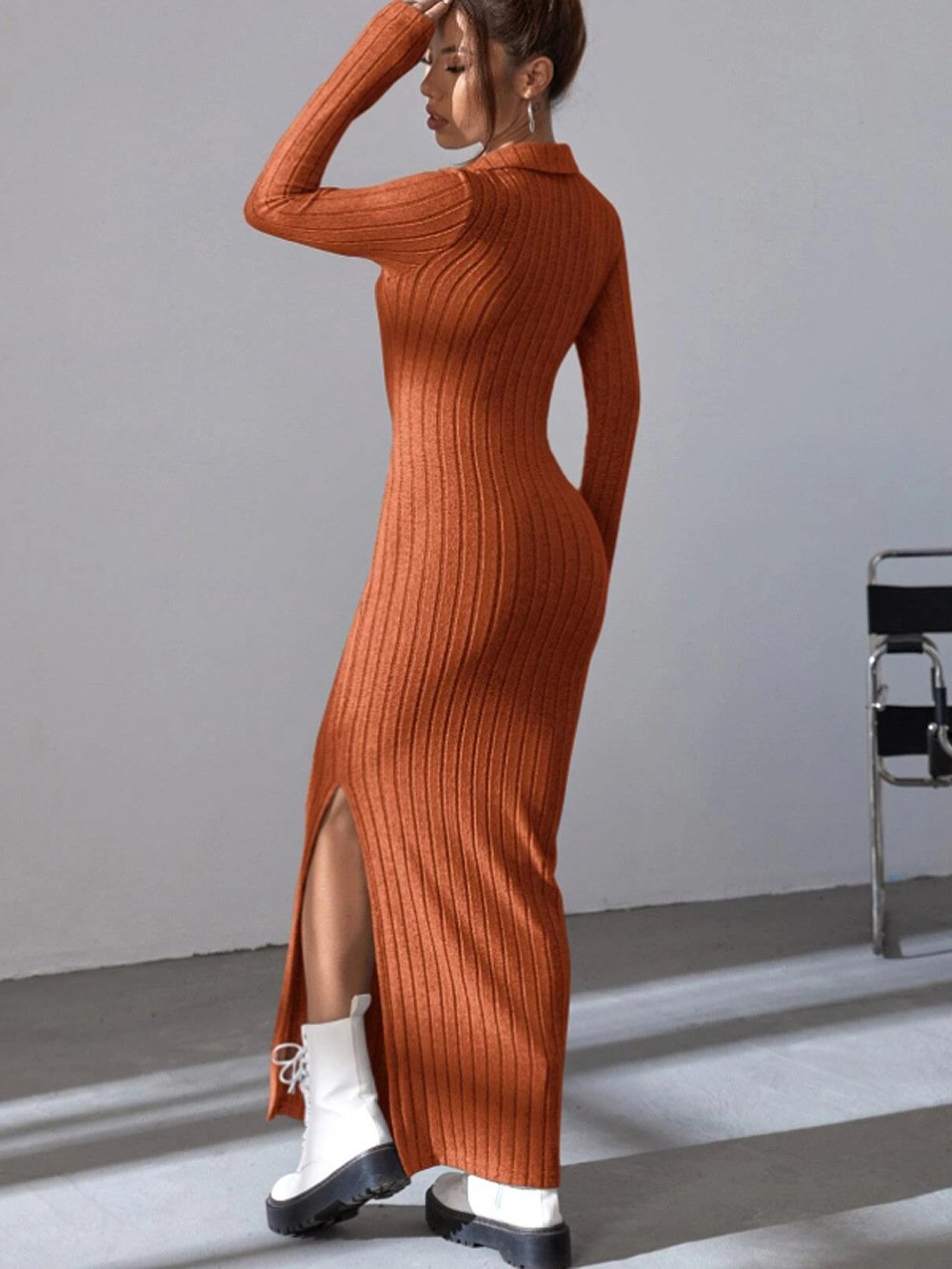 Knitted Fitted Lapel Long Sleeve Ribbed Dress