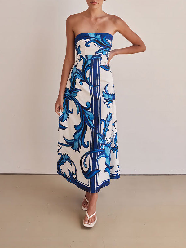 Stylish Strapless Print Halter Dress