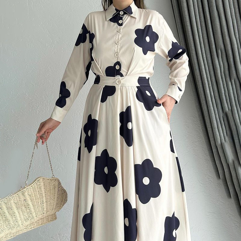 Stylish Elegant Lapel Print Shirt & Skirt Set