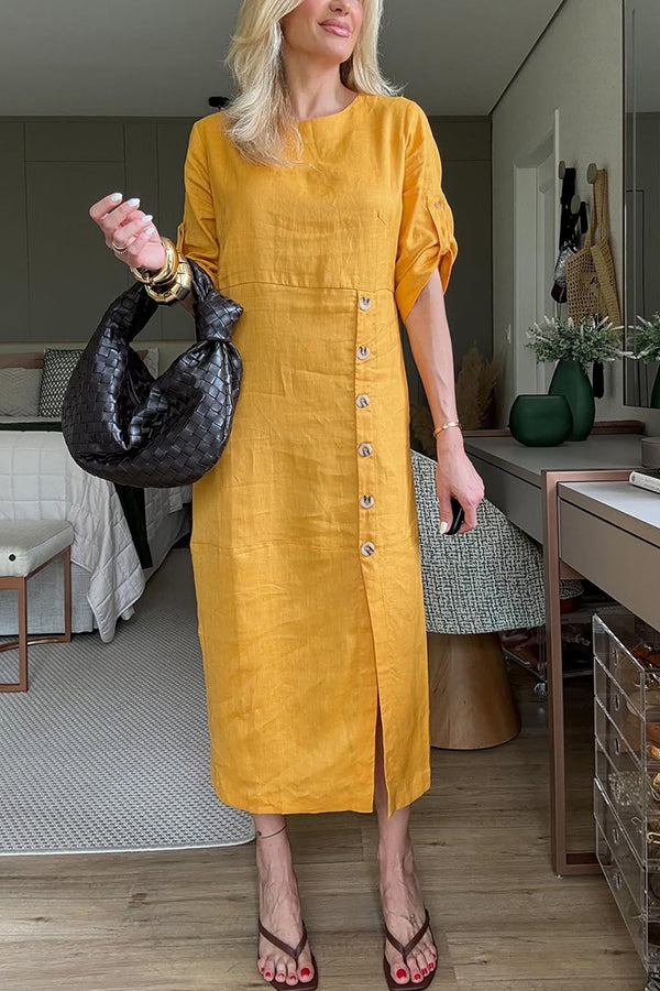 Linen Blend Half Sleeve Front Button Midi Dress