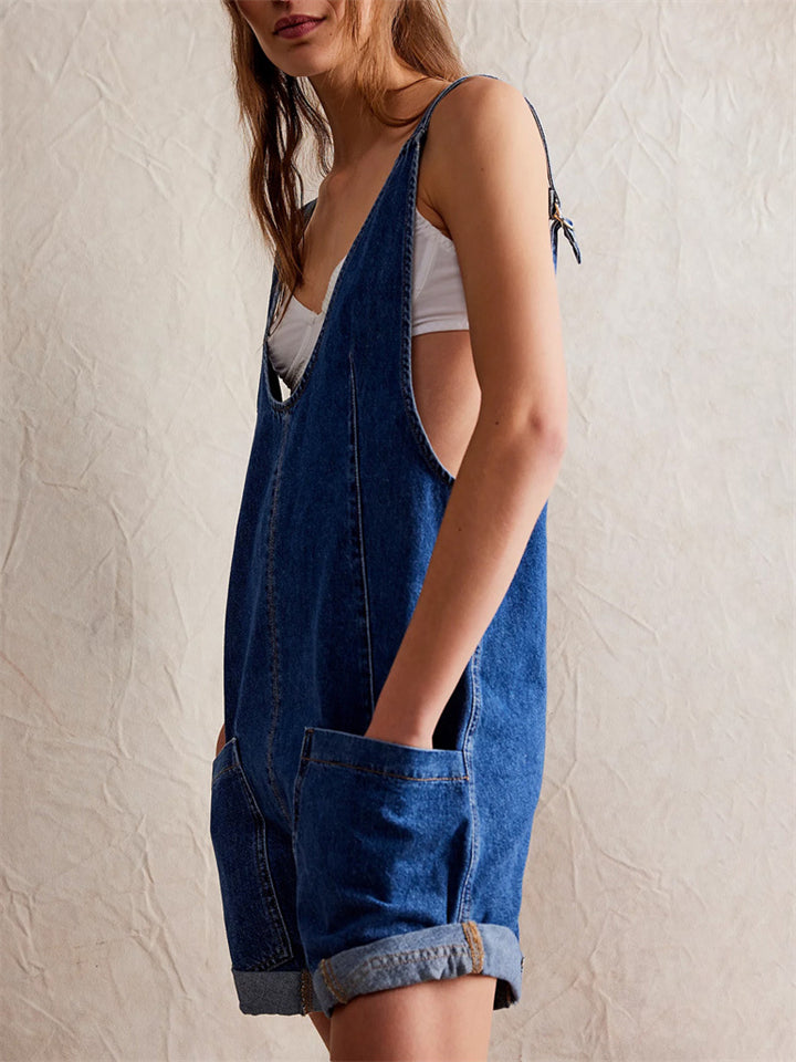 Women's Adjustable Short Denim Jumpsuits with Pockets