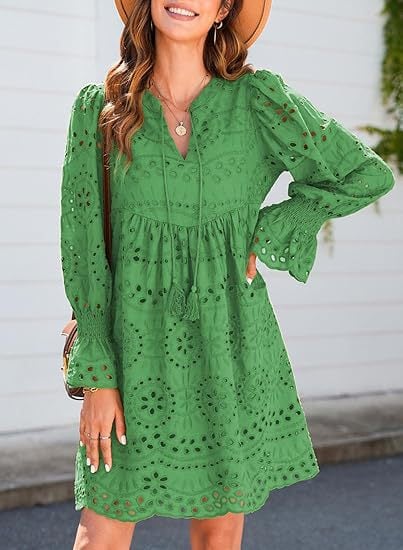 Neckline Long Sleeve A-Line Hollow Lace Pleated Dress