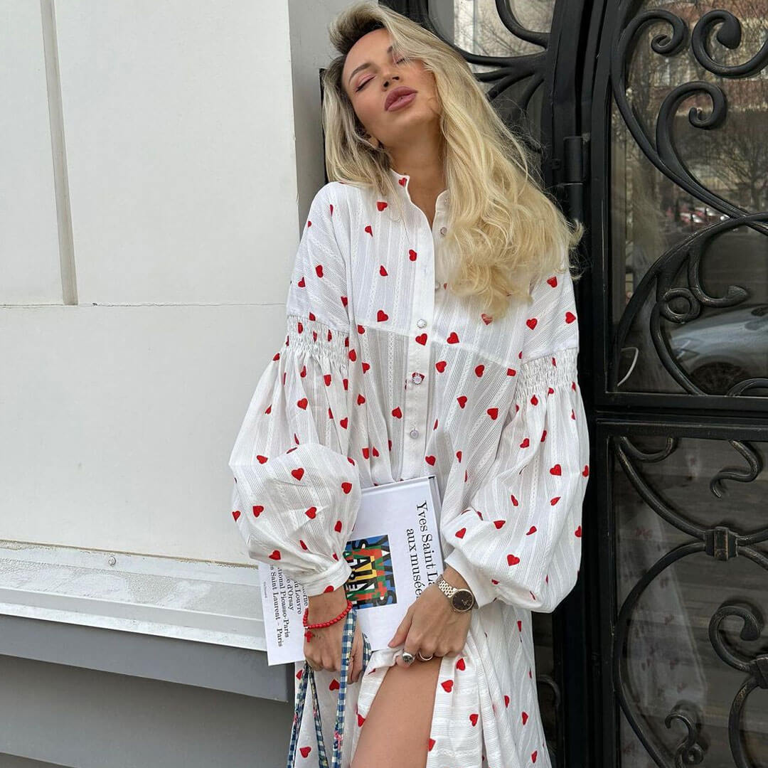 Cotton Heart Print Button Shirt Dress