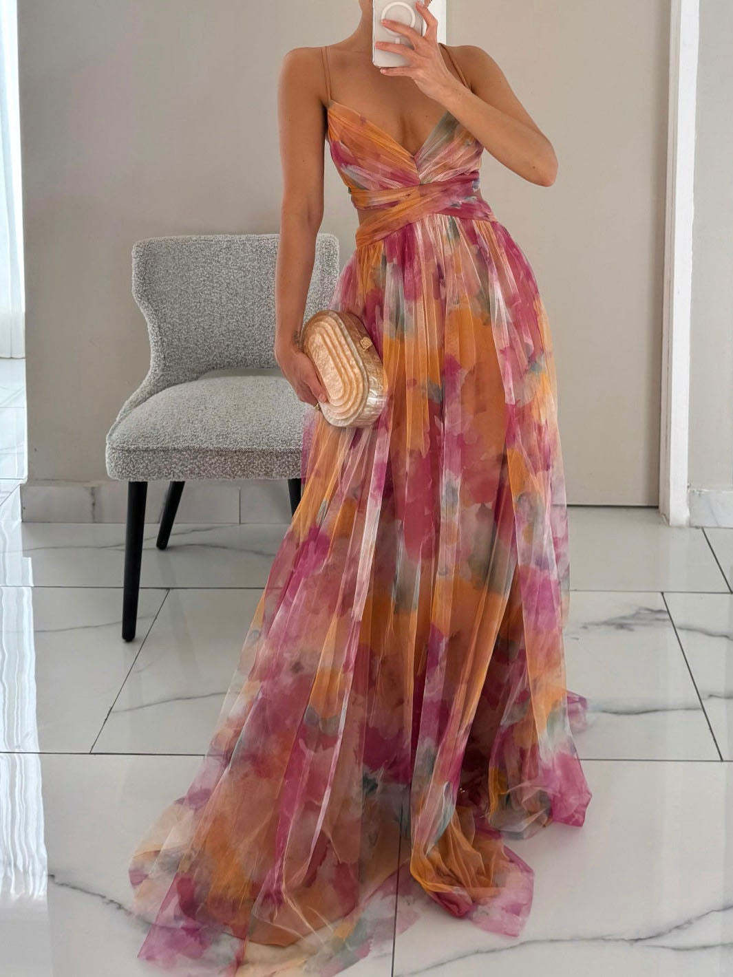 Elegant Painted Floral Print V-Neck A-Line Maxi Dress