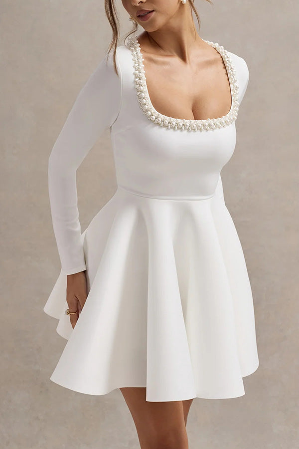 Pearl Embellished Trim Long Sleeve Pleated Mini Dress