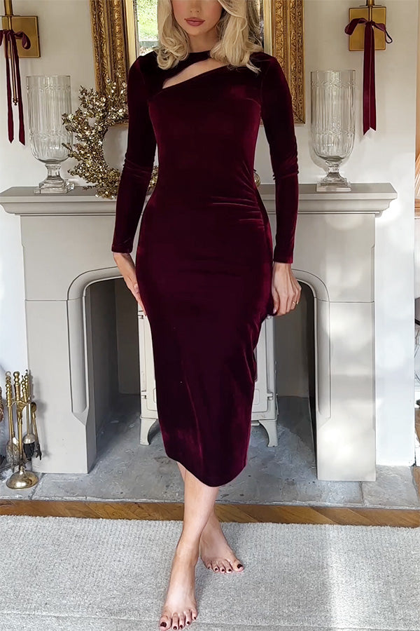 Perfect Party Velvet Cut Out Detail Long Sleeve Ruched Stretch Midi Dress