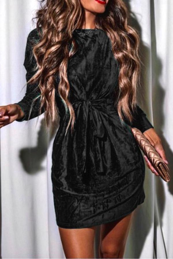 Tie Waist Velvet Round Neck Long Sleeve Mini Dress