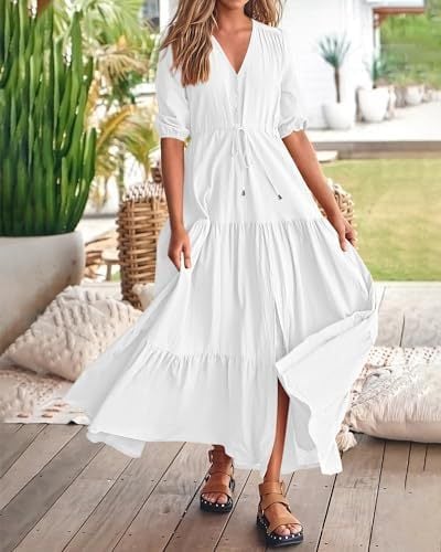 Women's Short Sleeves Drawstring Boho Long Dresses