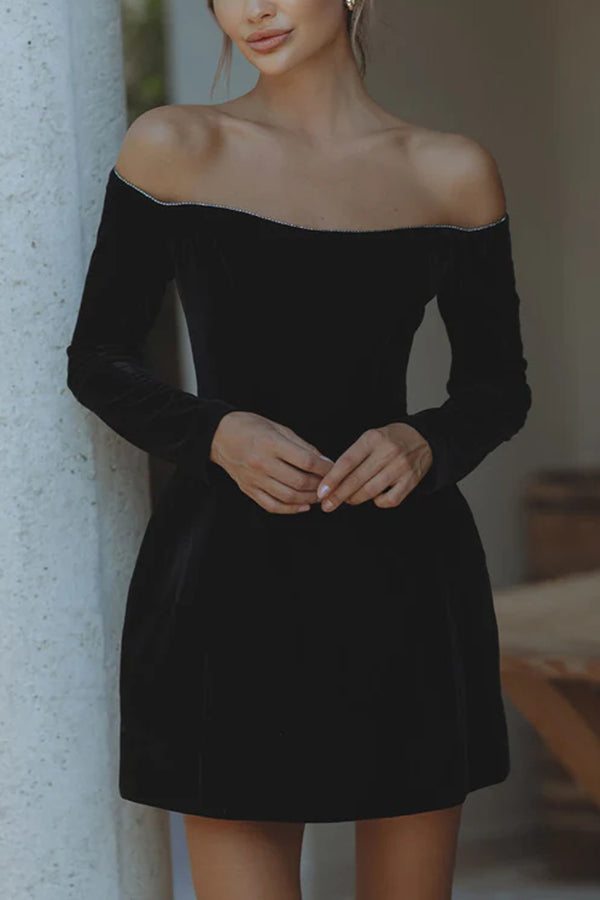 Velvet Glitter Trim Off Shoulder Long Sleeve Pocketed Mini Dress