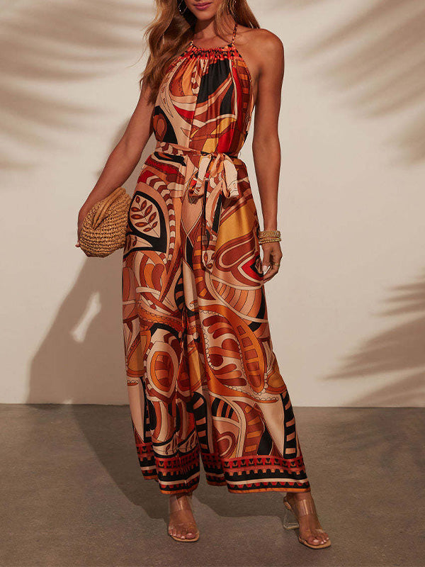 Stylish Leaf Print Sleeveless Jumpsuit