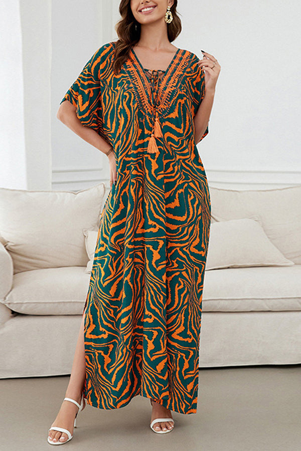 Floral Print V-Neck Lace-Up Loose Holiday Cover-Up Maxi Dress