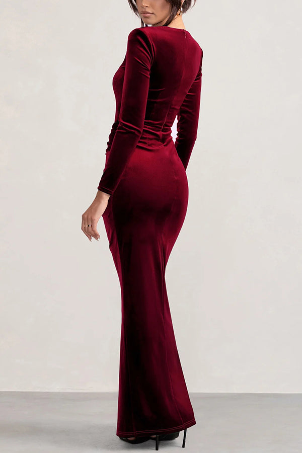 Velvet Plunge Neck Long Sleeve Twisted Slit Stretch Maxi Dress