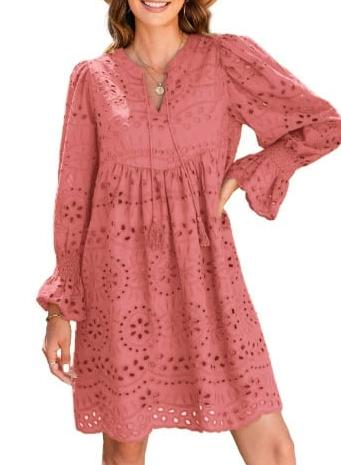 Neckline Long Sleeve A-Line Hollow Lace Pleated Dress