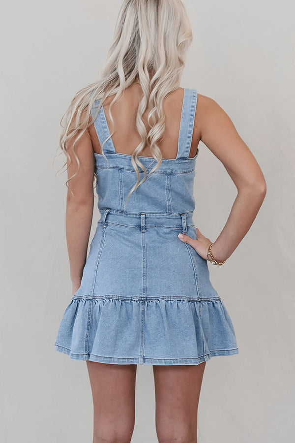 Square Neck Suspender Button Pocket Denim Mini Dress