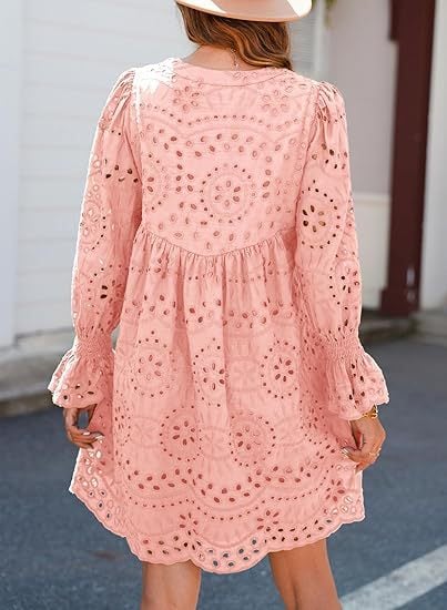 Neckline Long Sleeve A-Line Hollow Lace Pleated Dress