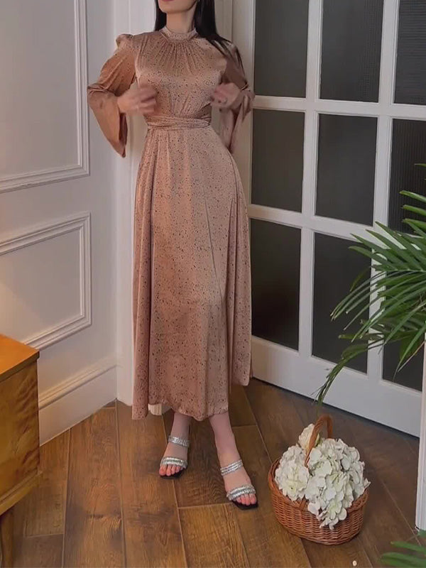 Ladylike Lace-up Long-sleeved Printed Dress