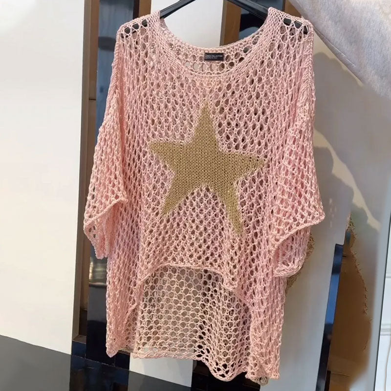 Women's Fashion Round Neck Crochet Knit Fishnet Top