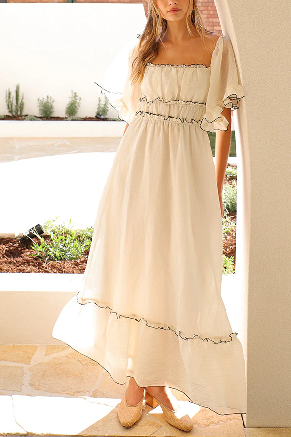 Square Neck Open Back Pleated Waist Maxi Dress