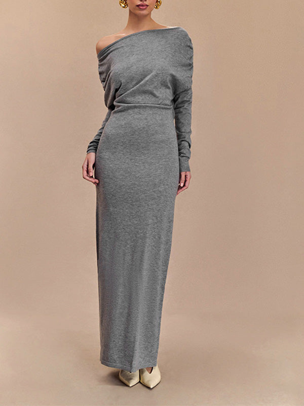 Sloping Neck Long Sleeves Dress