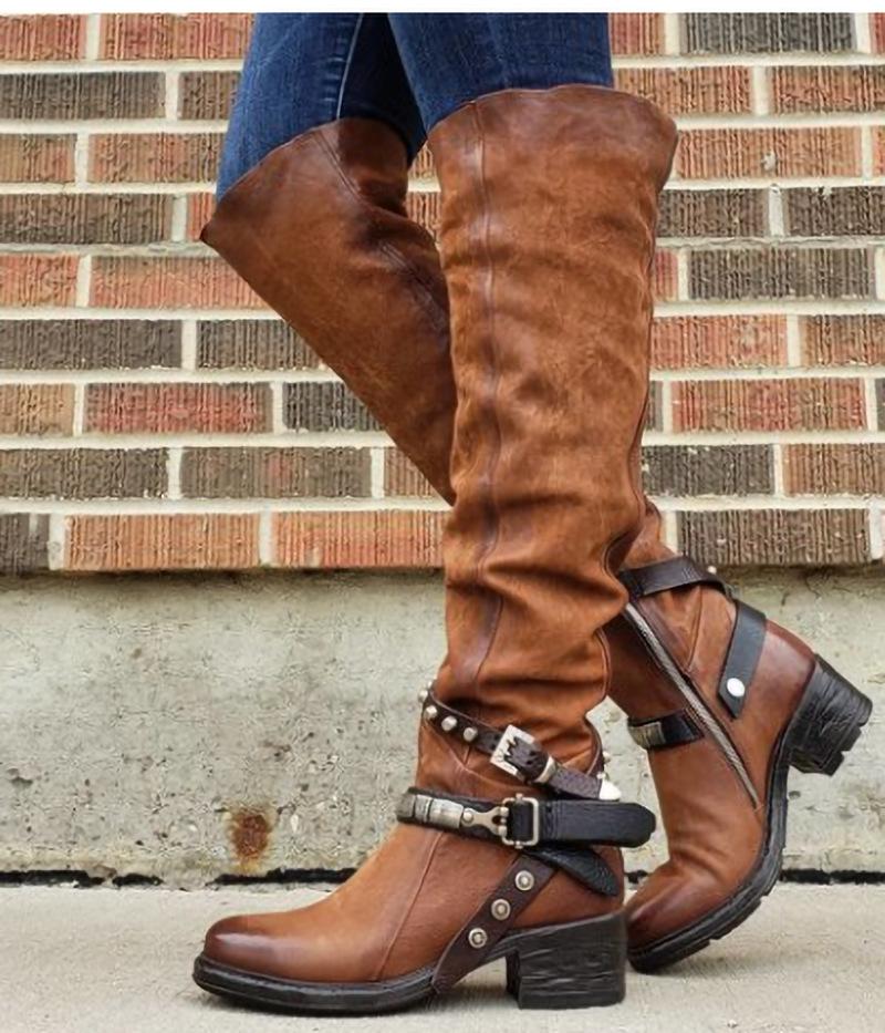 Women's Motorcycle Boots Knee High Buckle Boots Retro Tall Boots