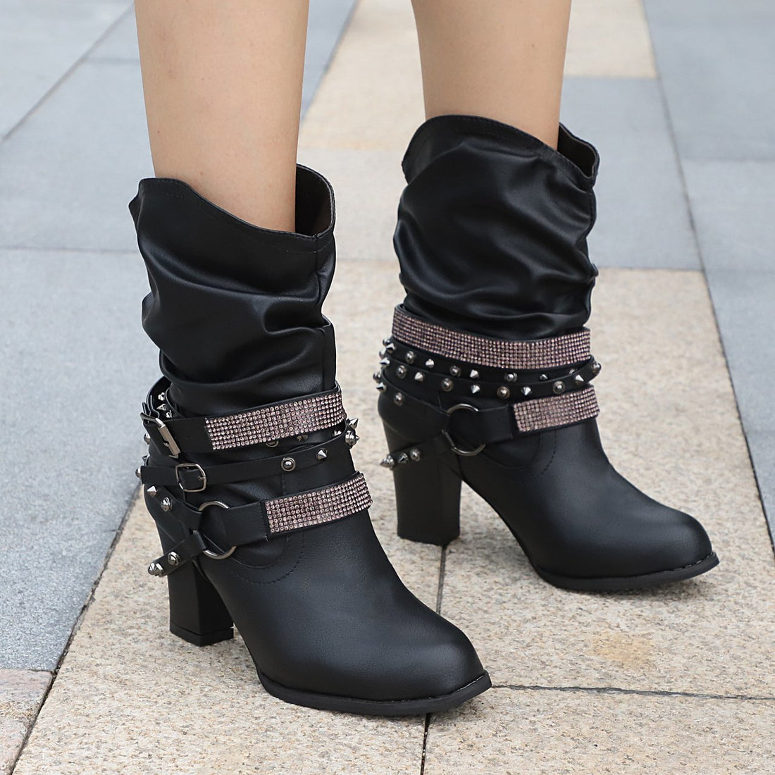 Women Fashion Short Rhinestone Booties Studded Strap Buckle Round Toe Stacked Chunky Heeled Boots