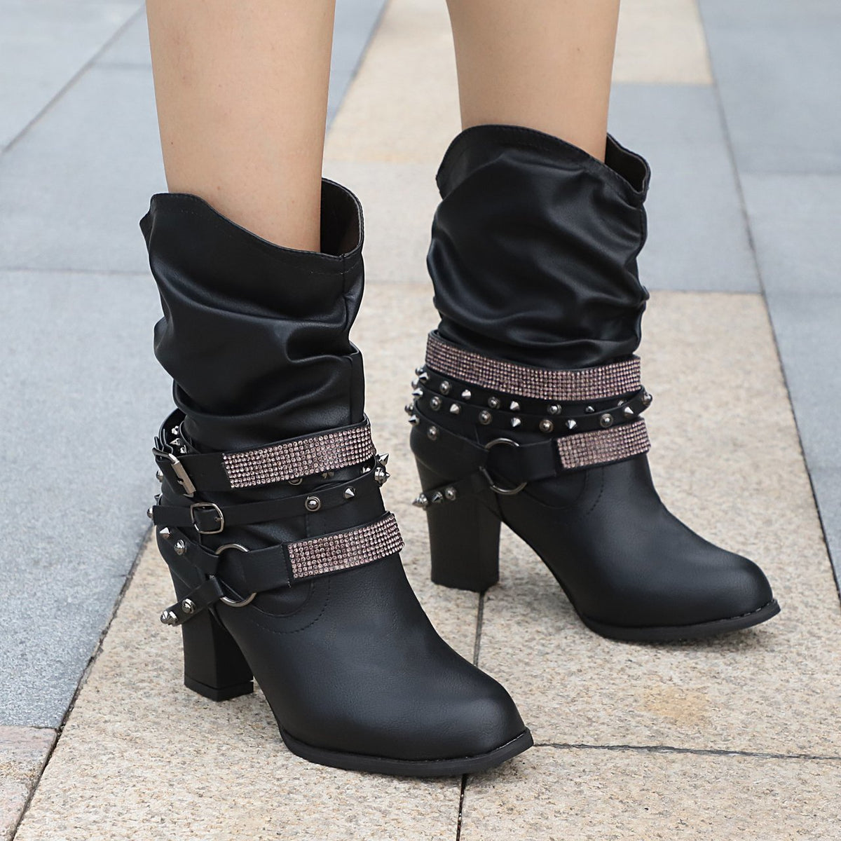 Women Fashion Short Rhinestone Booties Studded Strap Buckle Round Toe Stacked Chunky Heeled Boots