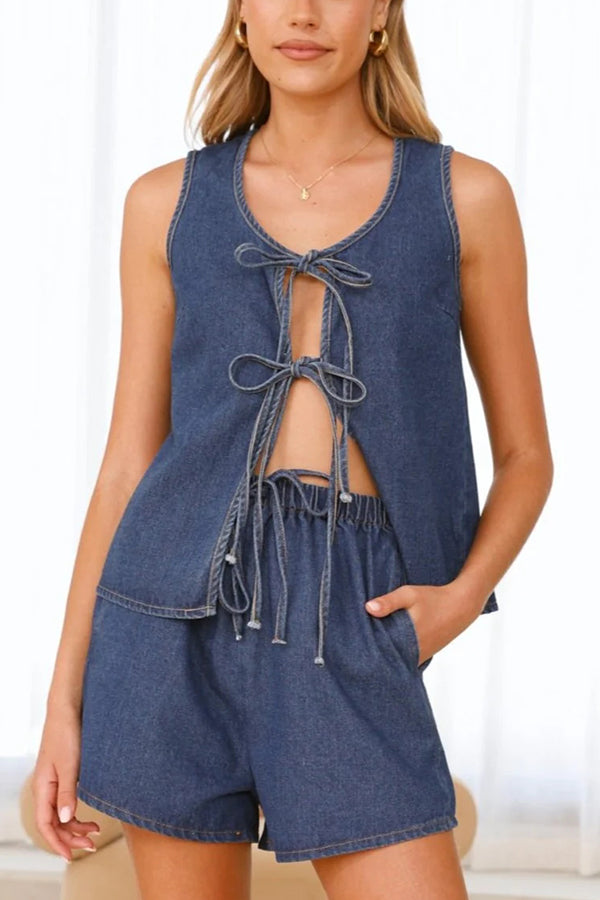 Sleeveless Tie Top and Elastic Waist Loose Pocket Denim Shorts Set