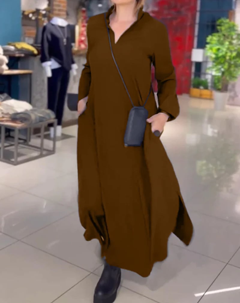 Casual Solid Color V-Neck Long Sleeve Dress