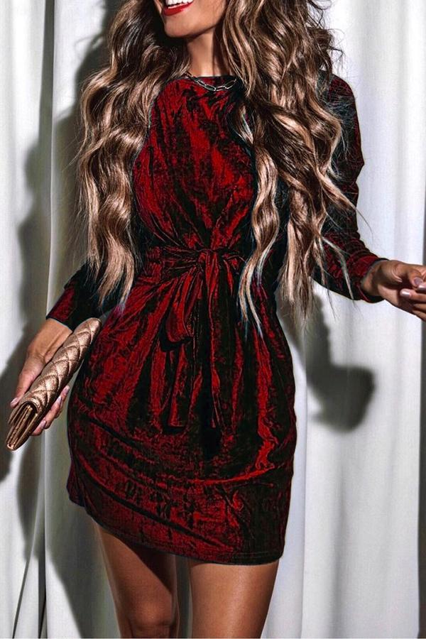 Tie Waist Velvet Round Neck Long Sleeve Mini Dress