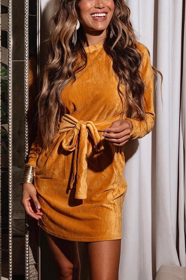 Tie Waist Velvet Round Neck Long Sleeve Mini Dress