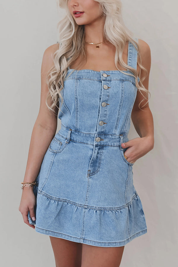 Square Neck Suspender Button Pocket Denim Mini Dress