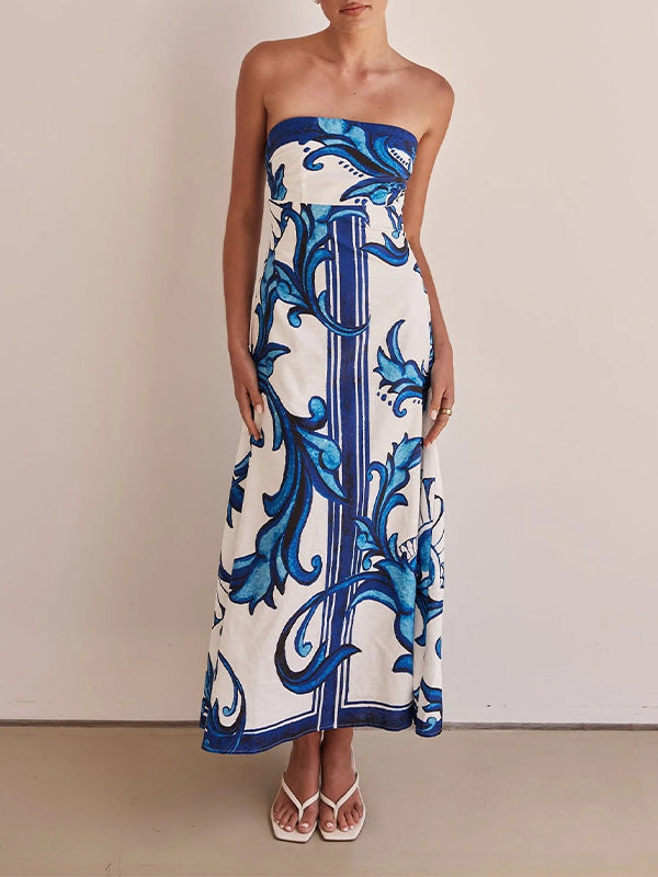 Stylish Strapless Print Halter Dress