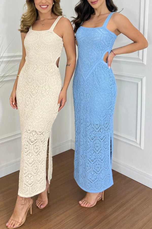 Crochet Knit Cutout Waist Texture Slit Stretch Maxi Dress