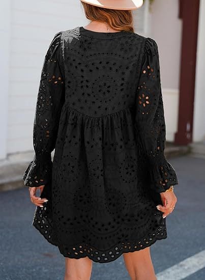 Neckline Long Sleeve A-Line Hollow Lace Pleated Dress