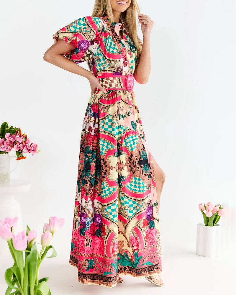 Elegant Lapel Printed Belt Dress