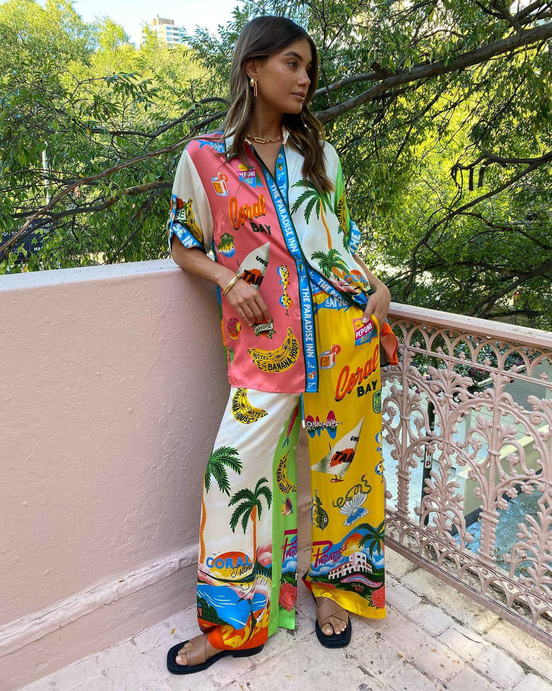 Satin Unique Print Colorblock Shirt & Elastic Waist Pocketed Wide Leg Pants Set