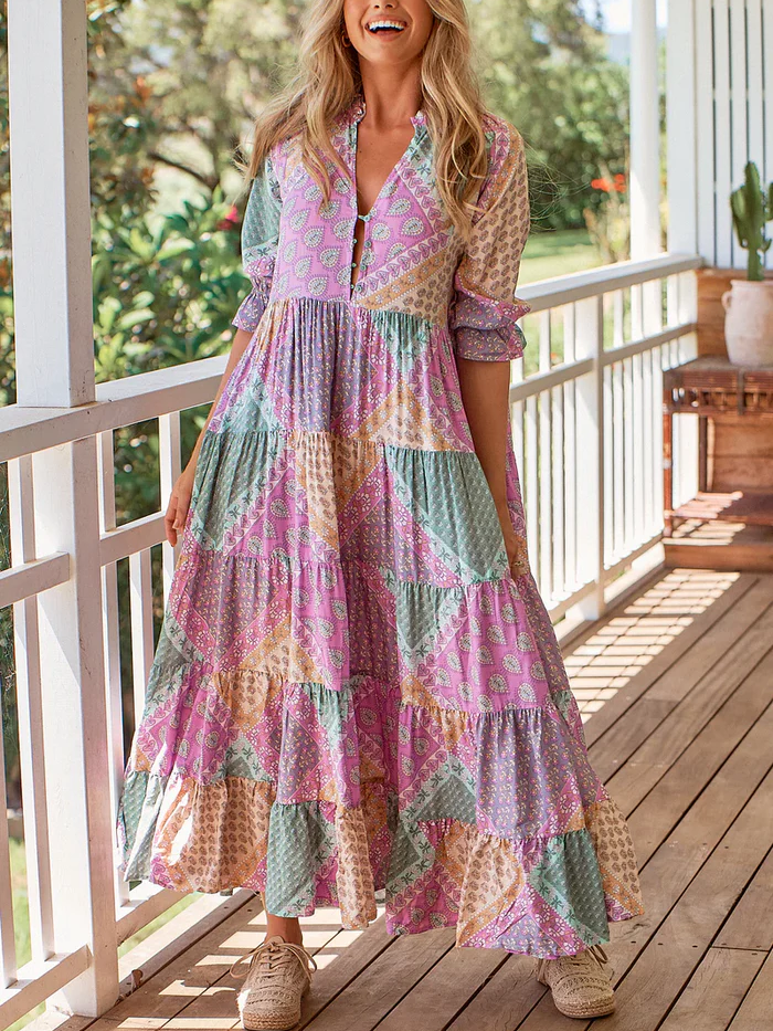 V-neck Bohemian Print Color Blocking Dress