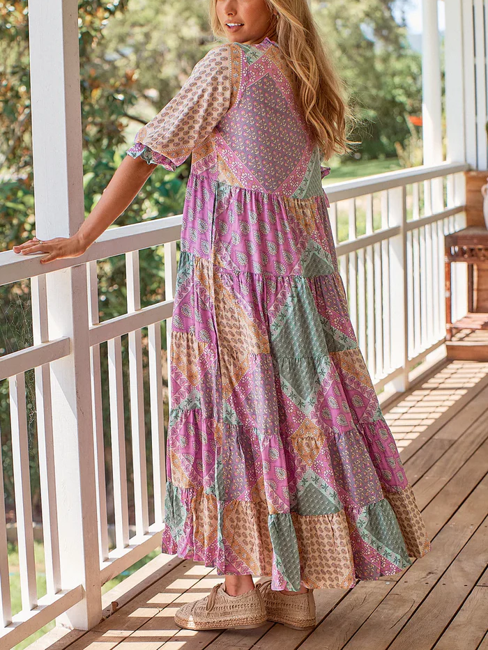 V-neck Bohemian Print Color Blocking Dress