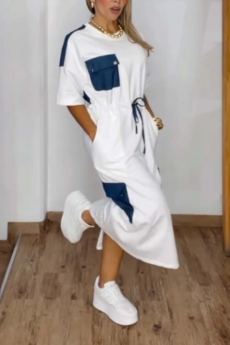 Women's Casual Contrast Color Short Sleeve Sweatshirt Dress