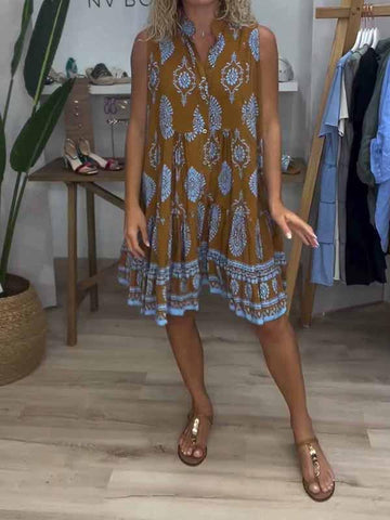 Women's Summer V-neck Printed Short Boho Dress